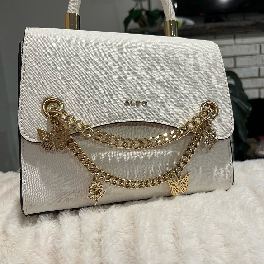 Aldo Cream Top-Handle Satchel with Gold Chain Charms